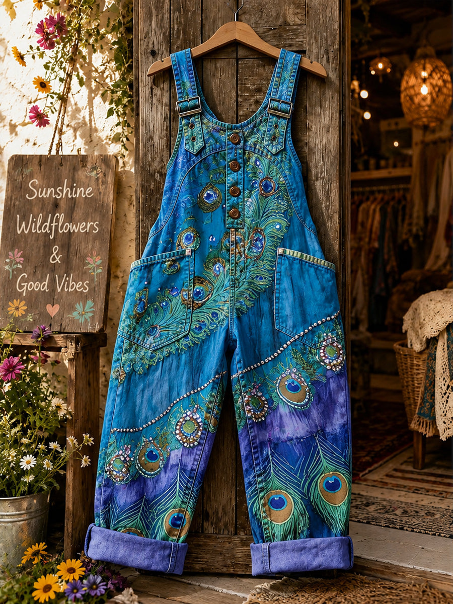 Women's Retro Style Art Print Washed Cotton Denim Patchwork Jumpsuit